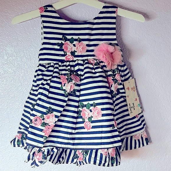 Mia & Mimi Baby Girls' Floral Striped Dress Navy Size 6-9 M.  NEW! - Picture 1 of 12